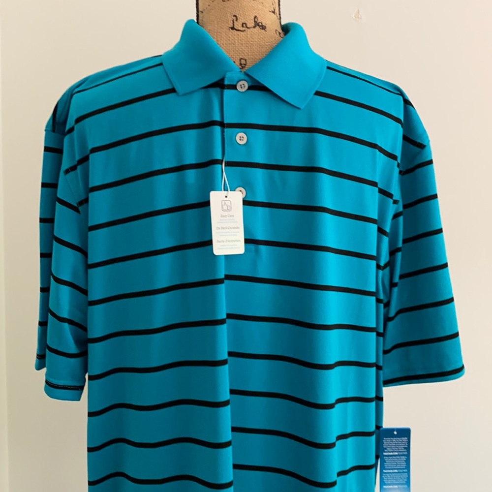 PGA Tour Golf Polo Shirt Short Sleeve Striped Airflux Sport Blue Black Mens XL
